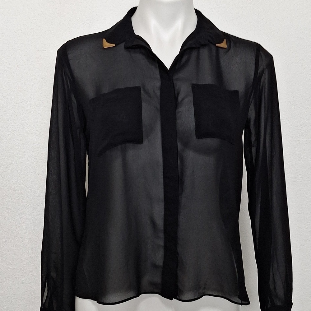 Topshop Whimsigoth Sheer Black Long-Sleeve Button-Up Dark Fairy Blouse Size 4